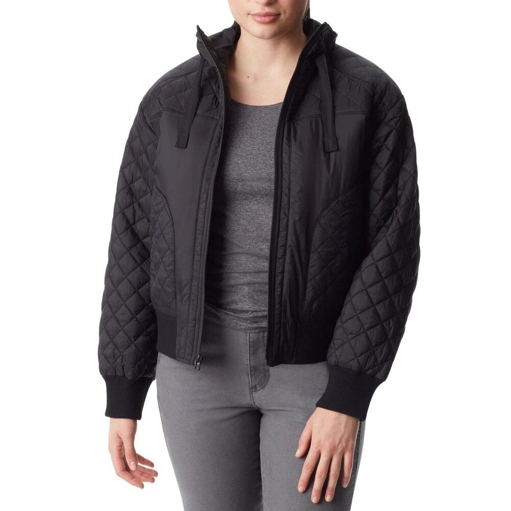 Bass Outdoor Womens Large Quilted Bomber Jacket Black Softshell Full Zip Coat L